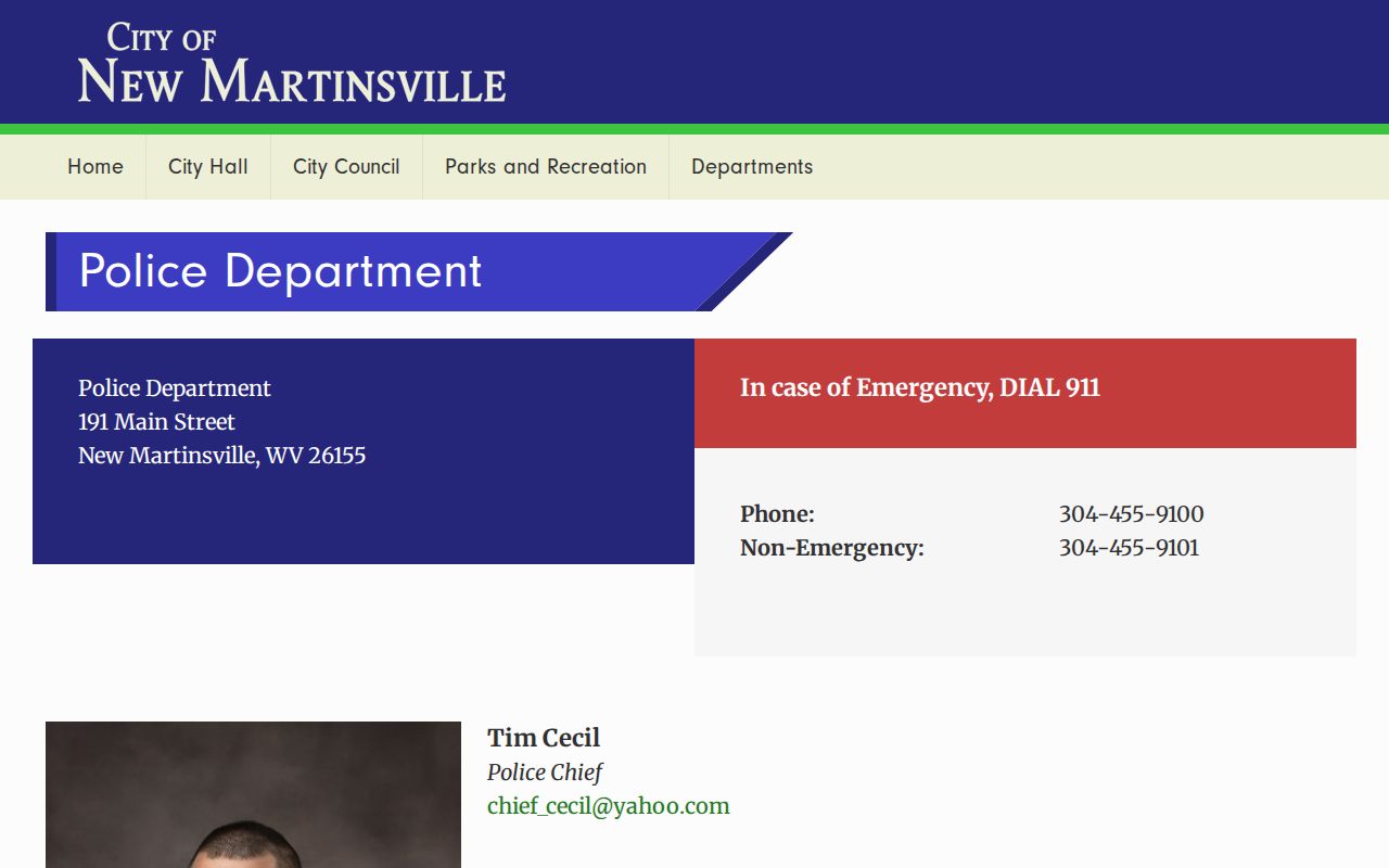 New Martinsville Police Department official contact page for Wetzel County arrest record routing