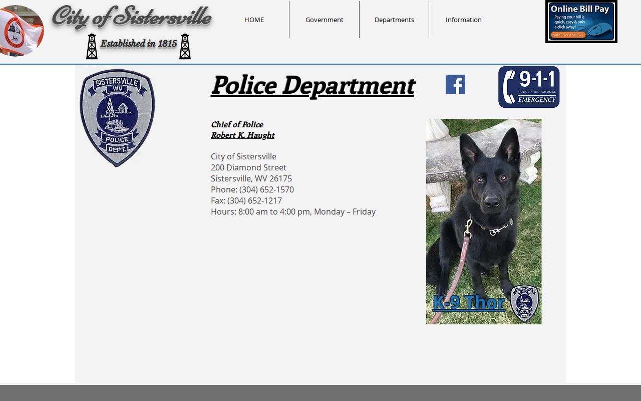 Sistersville Police Department official contact page for Wetzel County arrest record requests