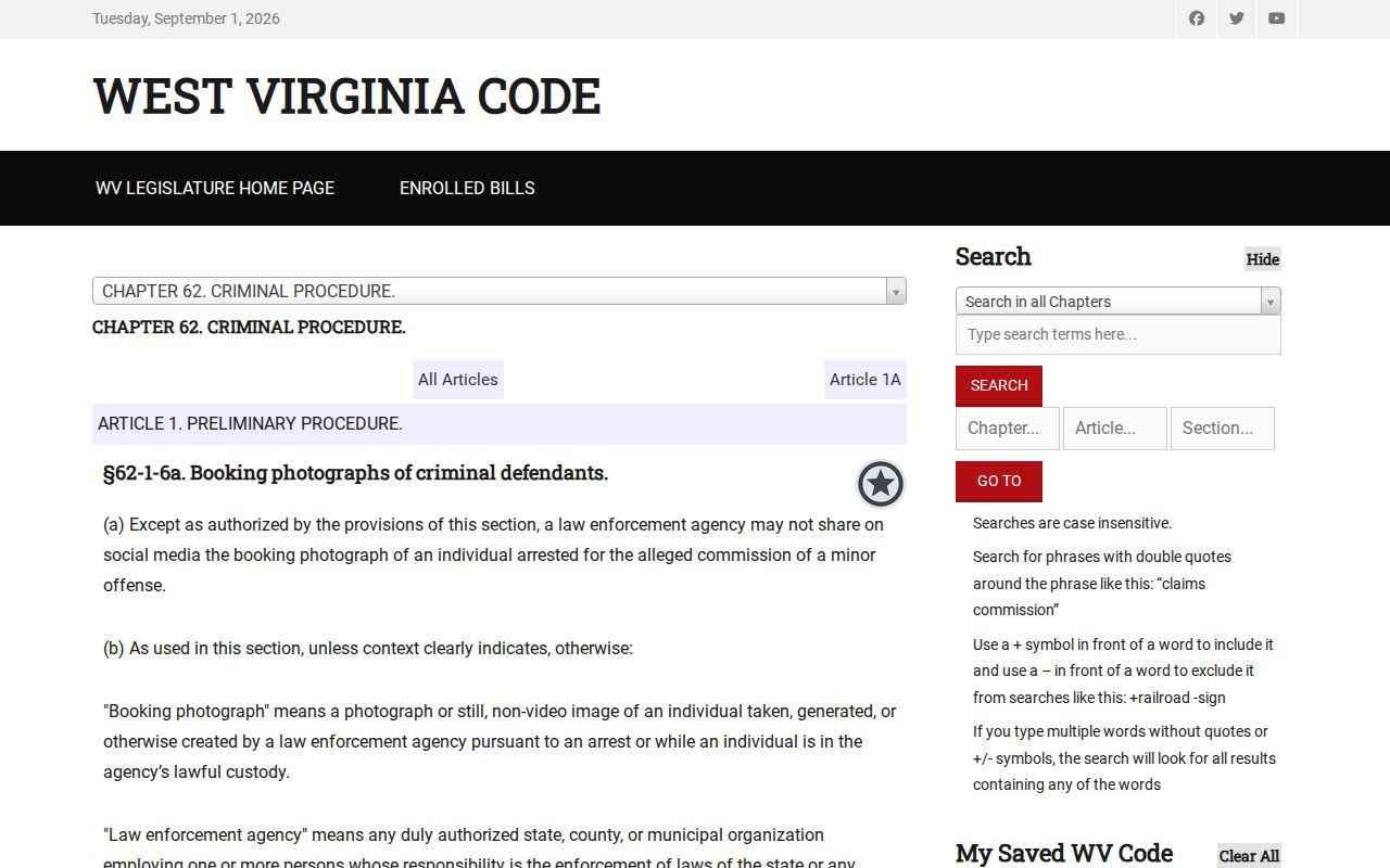 West Virginia booking-photo statute source used for Wetzel County warrant-record context